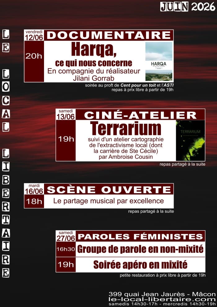 Programme du mois de juin 2026 - Local Libertaire - 399 quai Jean Jaurès - Mâcon